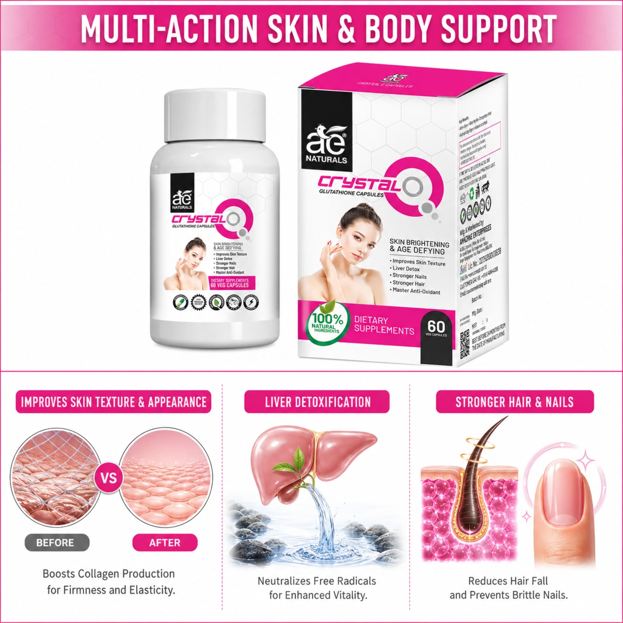 AE Naturals Crystal Q Glutathione Skin brightening Capsules 60 Caps thumbnail 5